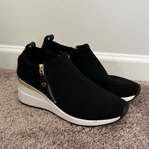 DKNY Black and Gold Wedge Mules